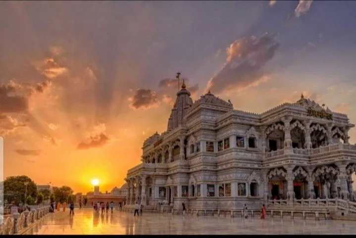 Sunrise over Vrindavan temple skyline
